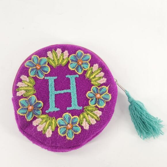 Jenny Krauss Monogram "H" Embroidered Wool Round Pouch Wallet Purple Pink Floral - Picture 1 of 7